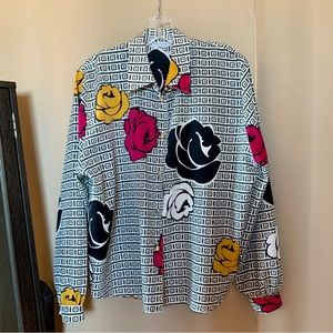 White with Black designs Black Pink White Roses Blouse with Gold Buttons